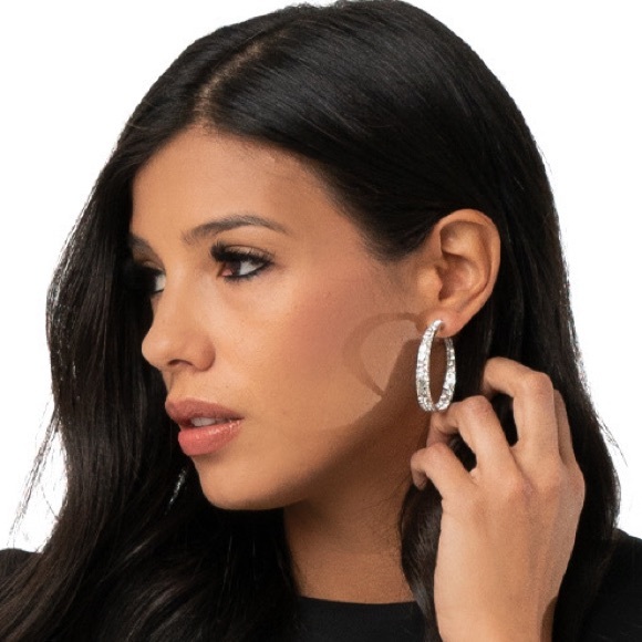 NWT Boutique Silver Diamond Rhinestone Hoop Earrings - Fashion Jewelry - Picture 2 of 4